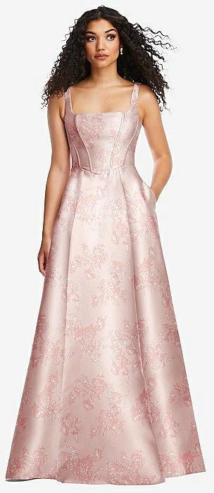 boned corset closed-back floral satin gown with full skirt