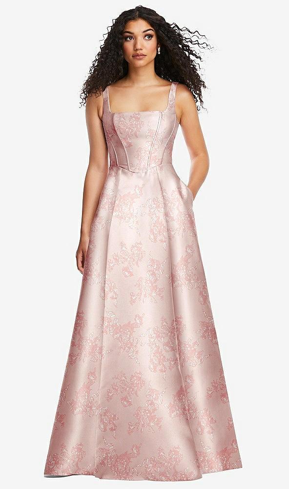 boned corset closed-back floral satin gown with full skirt