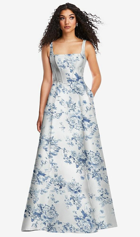 boned corset closed-back floral satin gown with full skirt