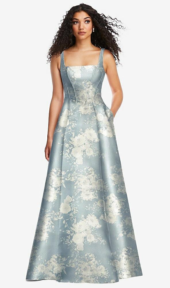 boned corset closed-back floral satin gown with full skirt
