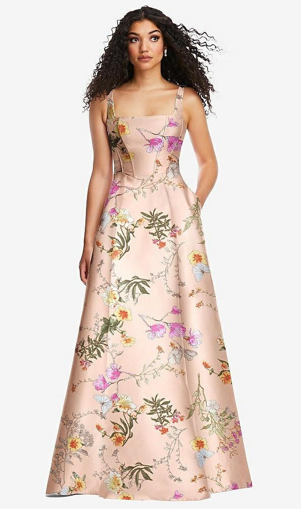 boned corset closed-back floral satin gown with full skirt
