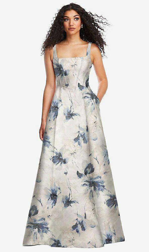 boned corset closed-back floral satin gown with full skirt