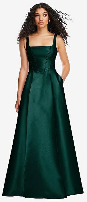 boned corset closed-back satin gown with full skirt and pockets