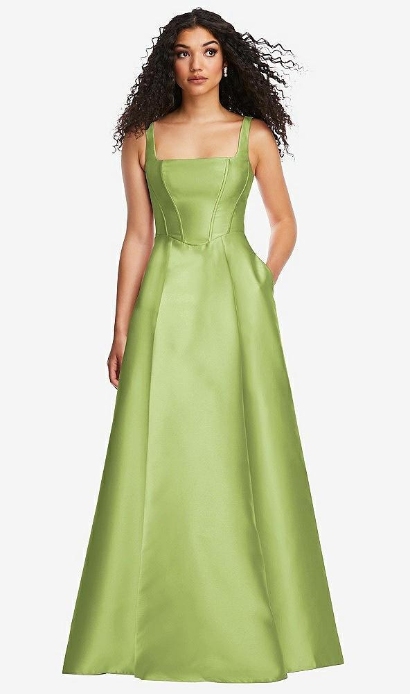 boned corset closed-back satin gown with full skirt and pockets