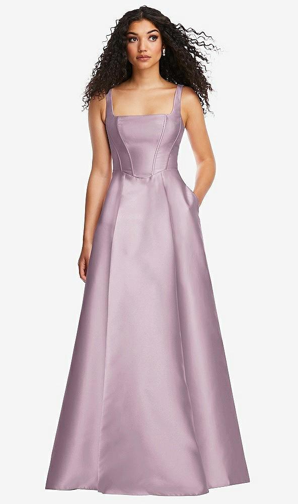 boned corset closed-back satin gown with full skirt and pockets