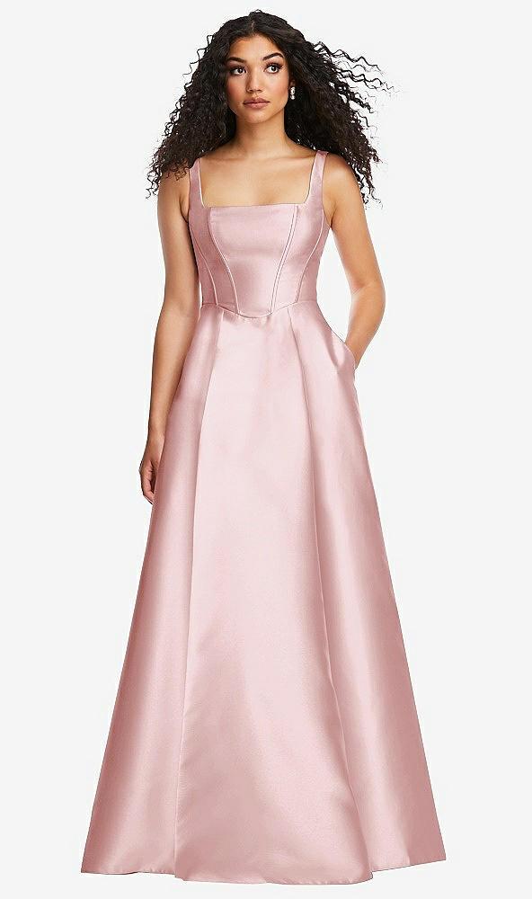 boned corset closed-back satin gown with full skirt and pockets