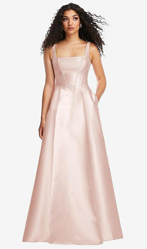 boned corset closed-back satin gown with full skirt and pockets