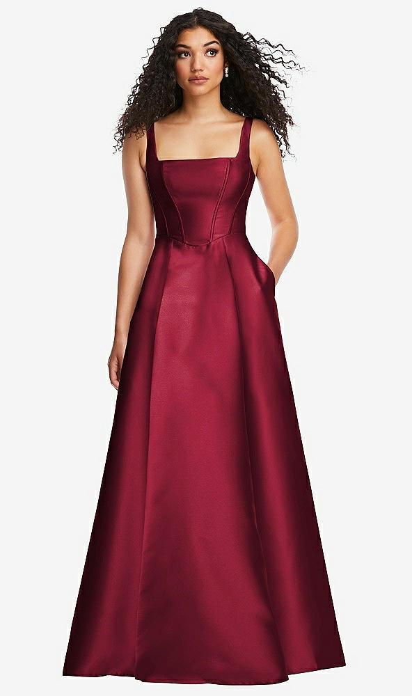 boned corset closed-back satin gown with full skirt and pockets
