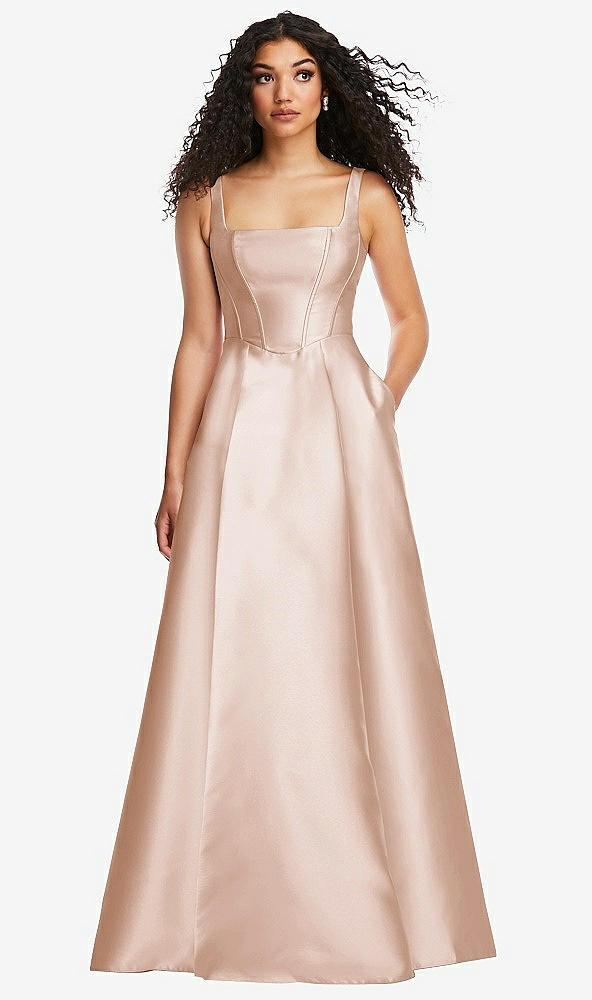 boned corset closed-back satin gown with full skirt and pockets