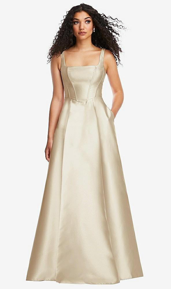 boned corset closed-back satin gown with full skirt and pockets