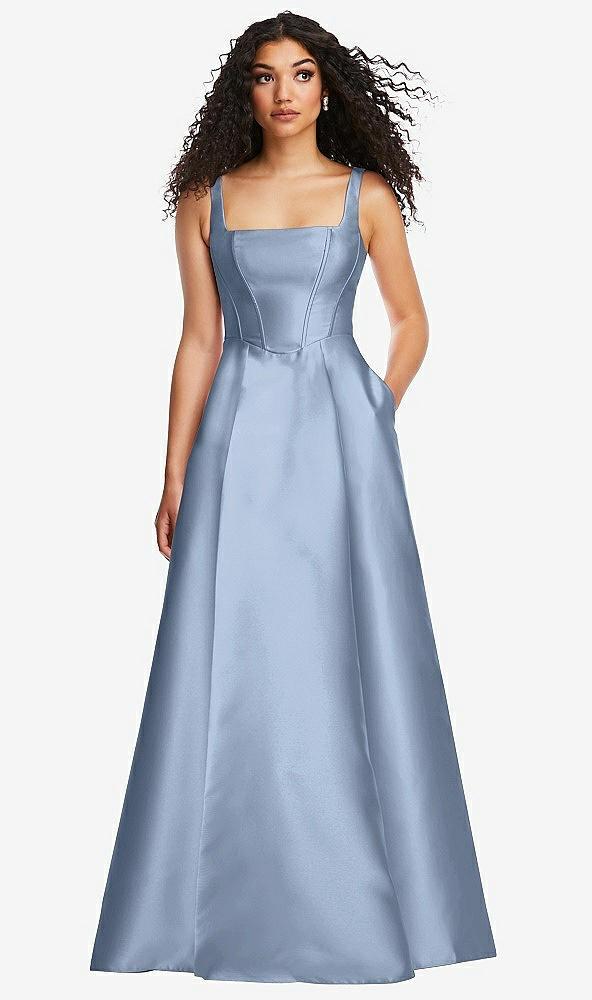 boned corset closed-back satin gown with full skirt and pockets