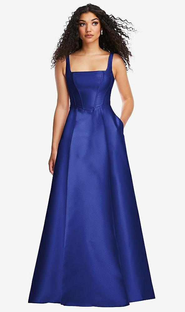 boned corset closed-back satin gown with full skirt and pockets