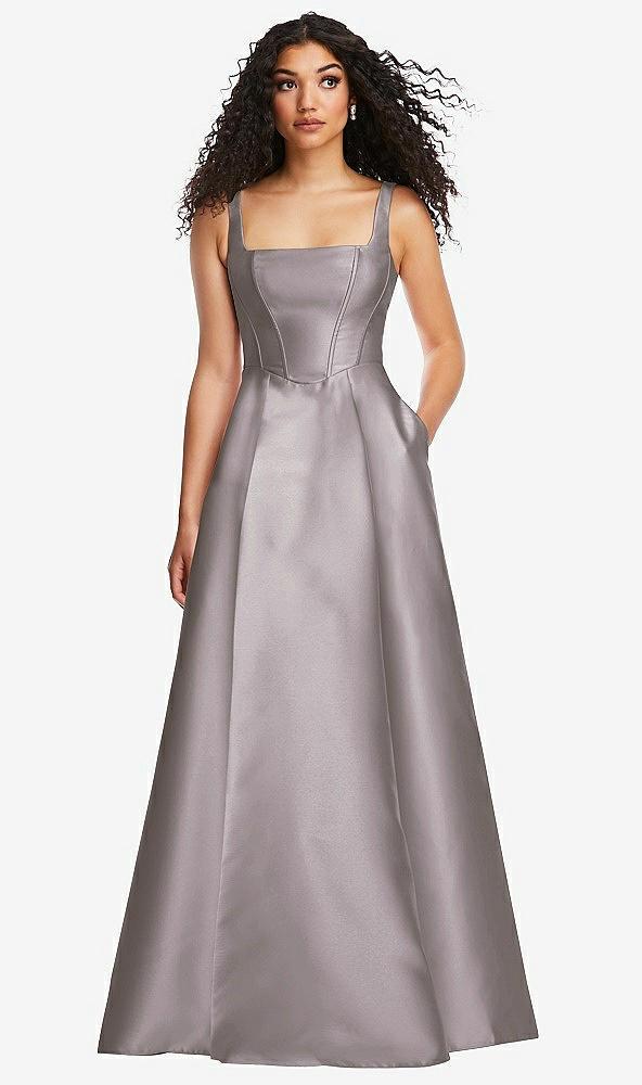 boned corset closed-back satin gown with full skirt and pockets
