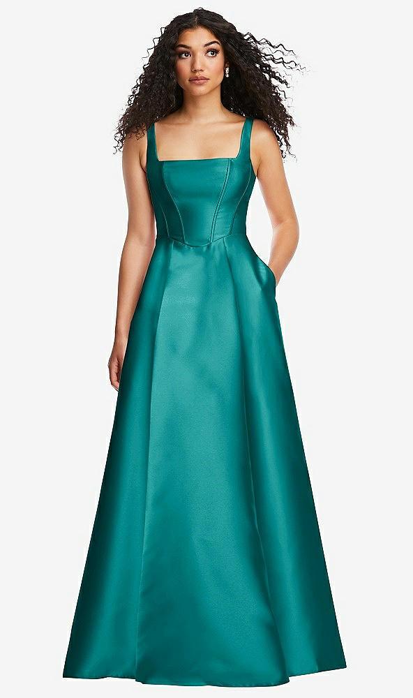 boned corset closed-back satin gown with full skirt and pockets