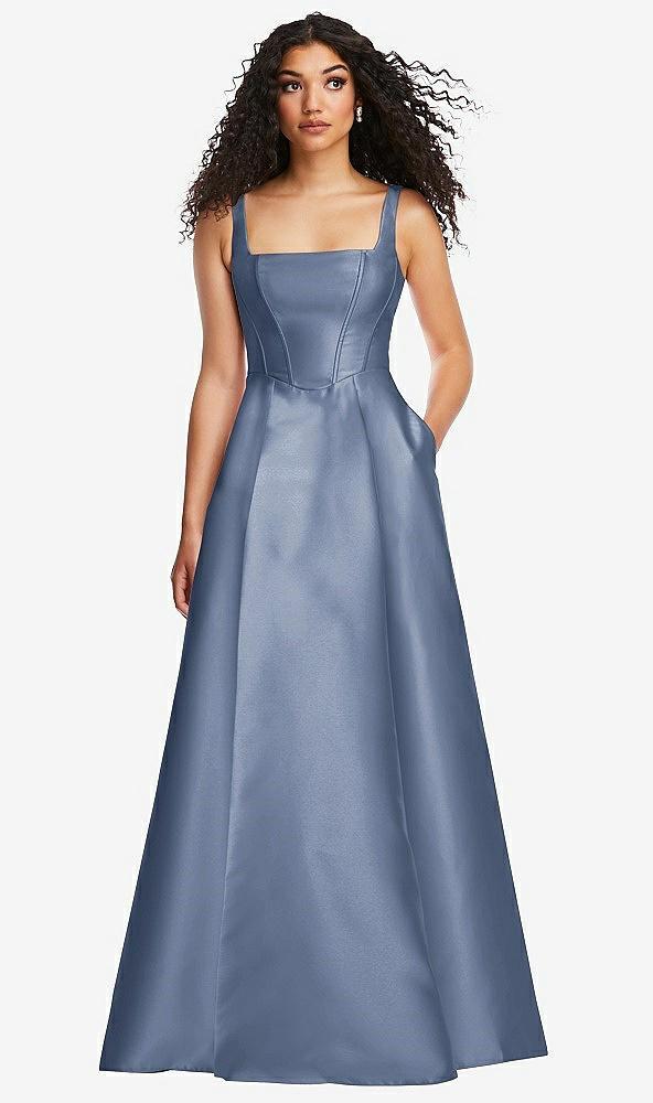 boned corset closed-back satin gown with full skirt and pockets