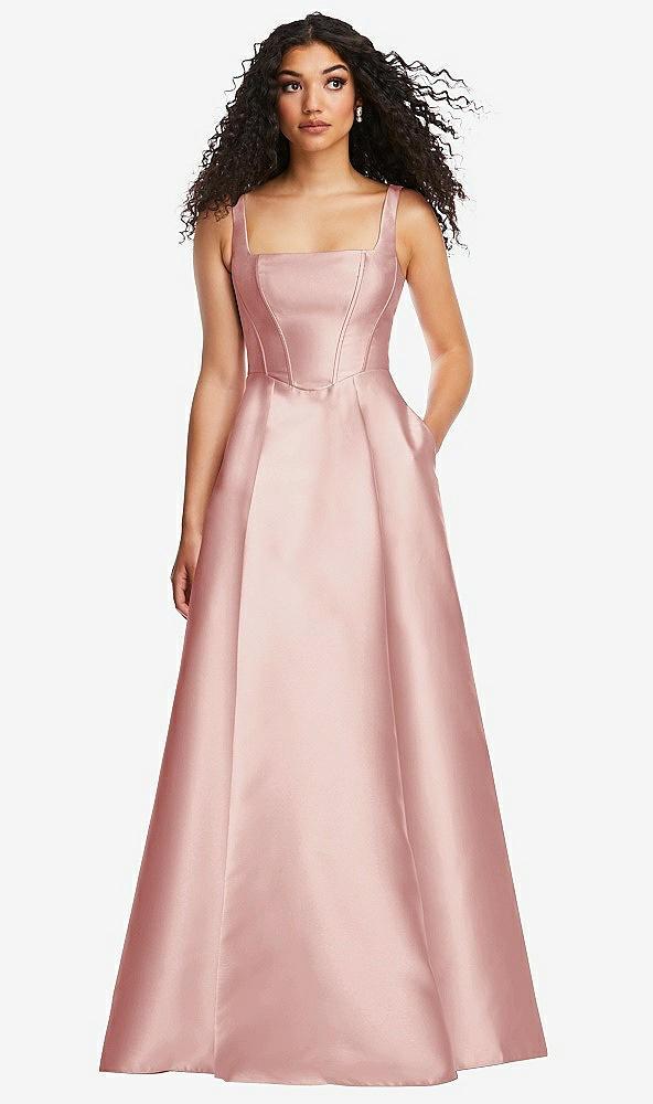 boned corset closed-back satin gown with full skirt and pockets