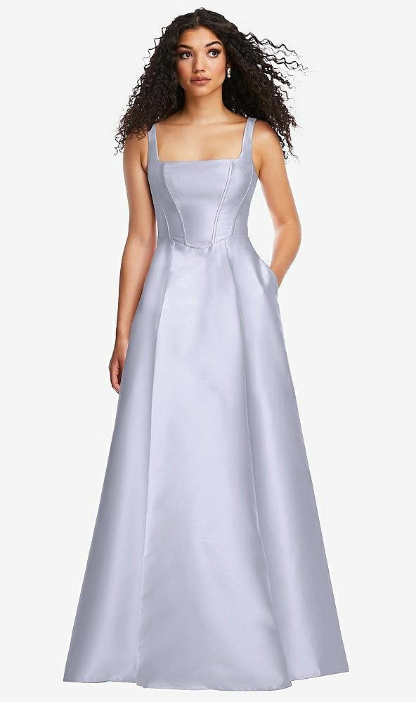 boned corset closed-back satin gown with full skirt and pockets