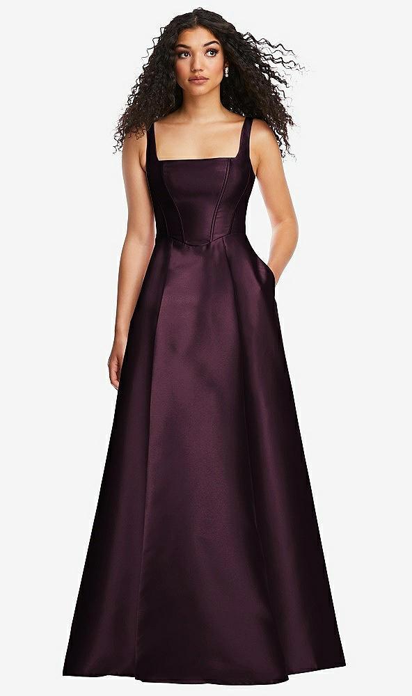 boned corset closed-back satin gown with full skirt and pockets
