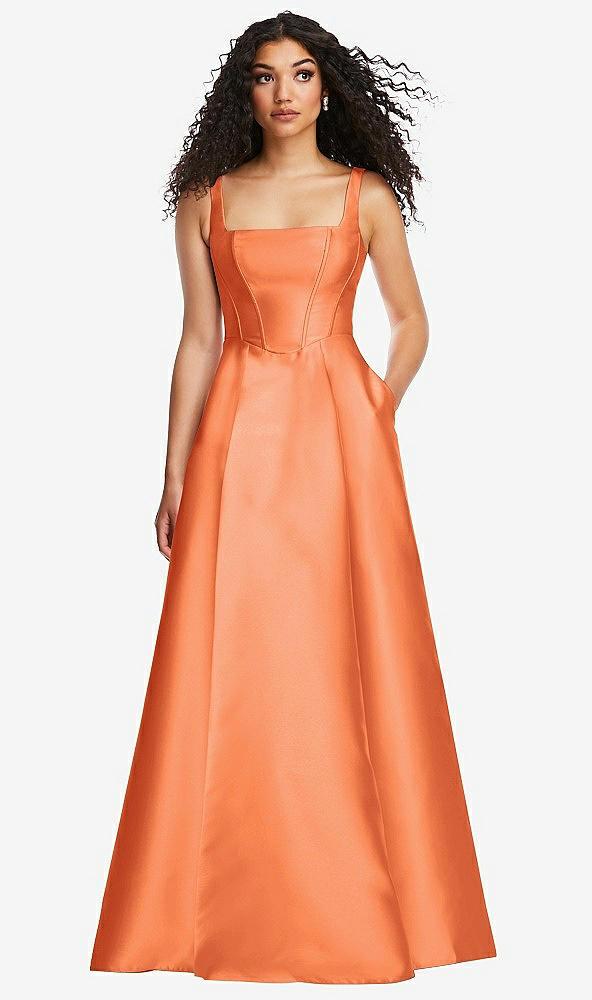 boned corset closed-back satin gown with full skirt and pockets