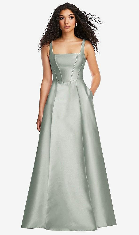 boned corset closed-back satin gown with full skirt and pockets