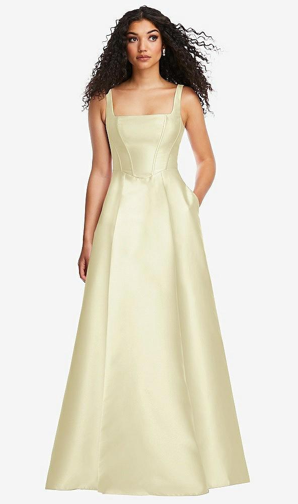 boned corset closed-back satin gown with full skirt and pockets