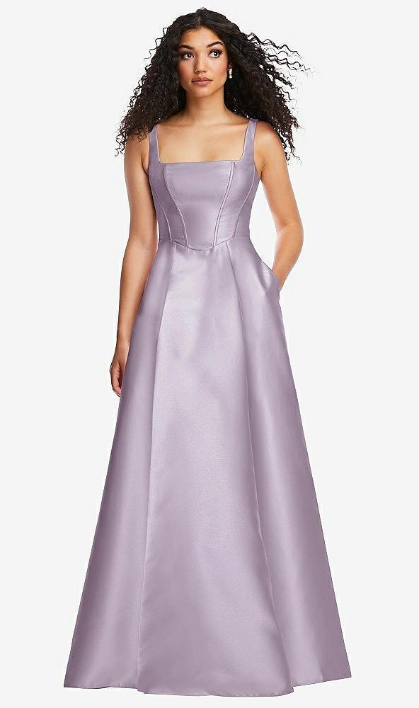 boned corset closed-back satin gown with full skirt and pockets