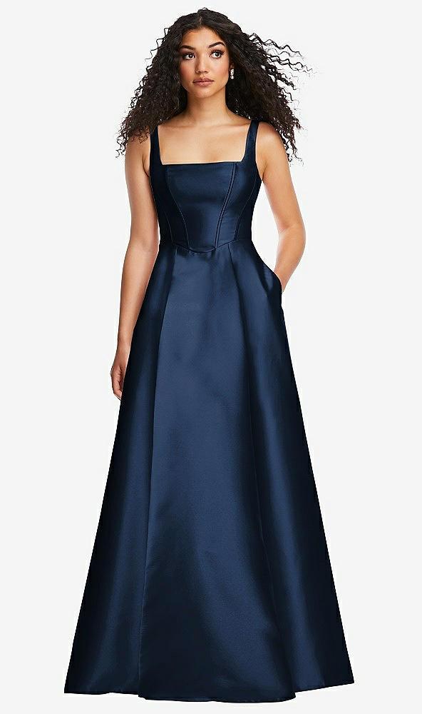 boned corset closed-back satin gown with full skirt and pockets