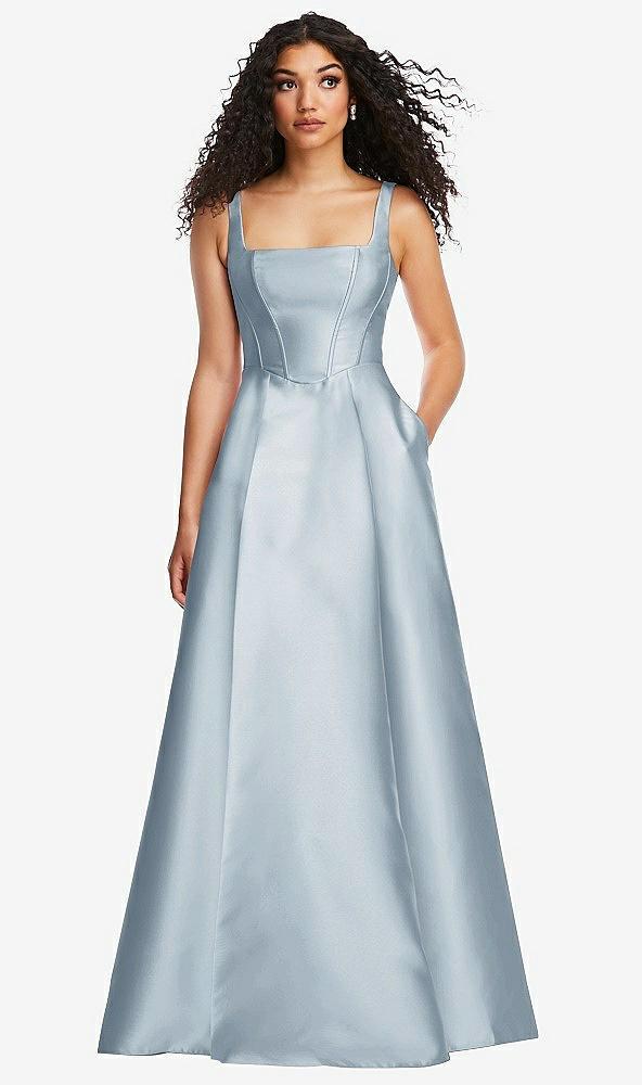 boned corset closed-back satin gown with full skirt and pockets