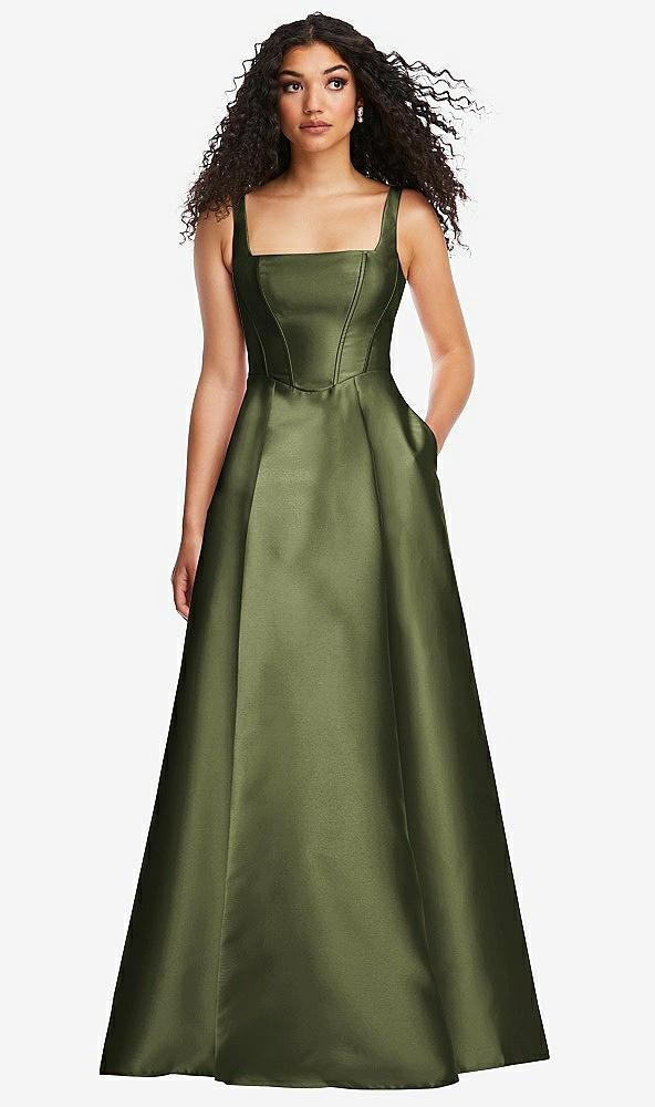 boned corset closed-back satin gown with full skirt and pockets