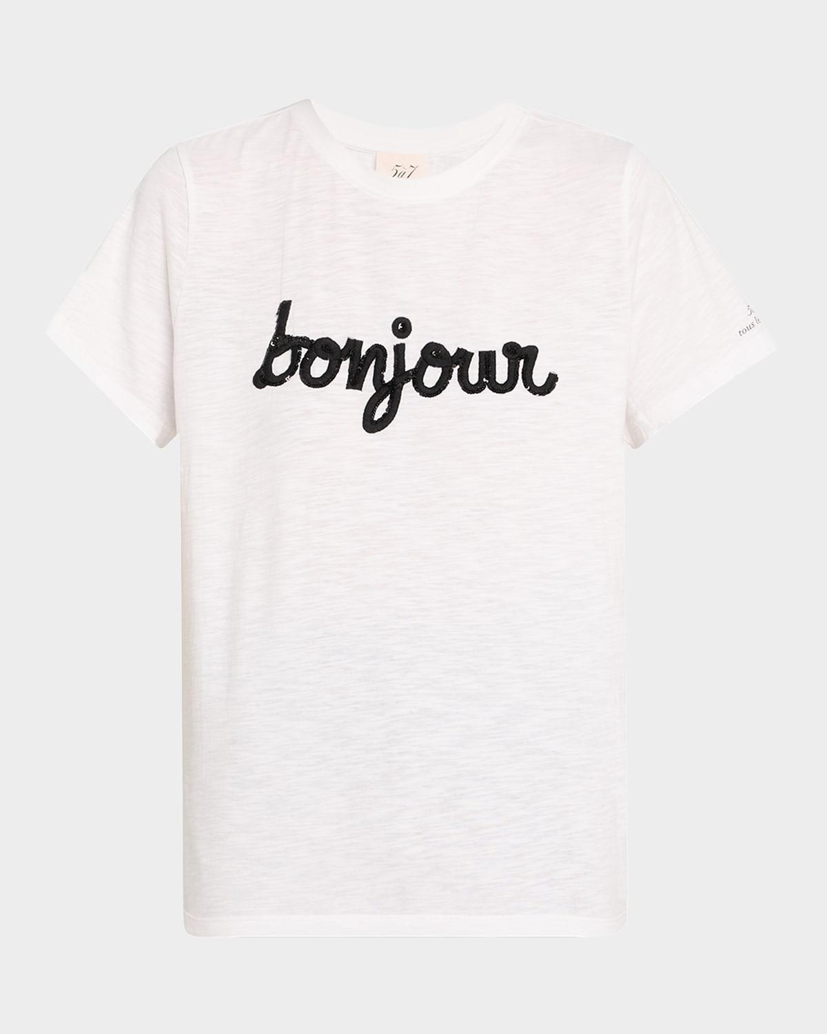 bonjour fringe embroidered shrunken t-shirt