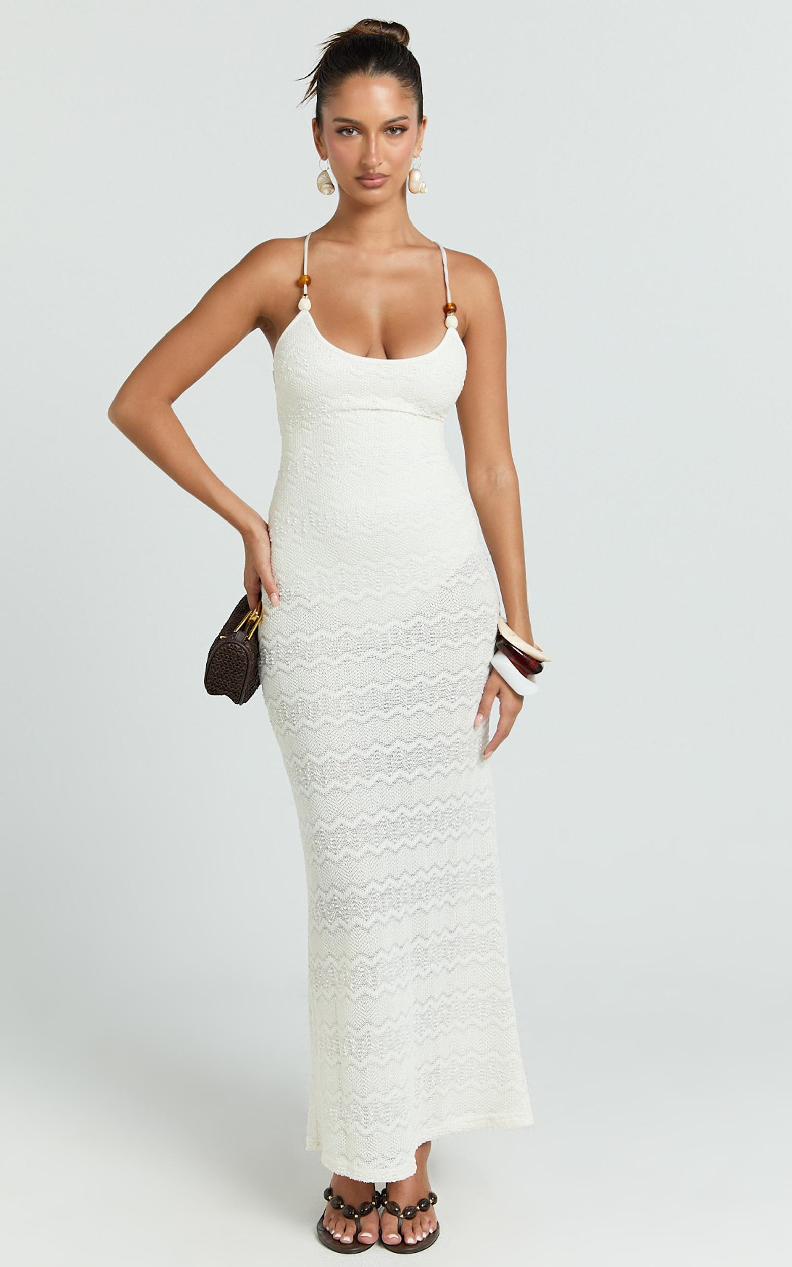 bonnie maxi dress - beaded strap detail cross tie back dress in ivory