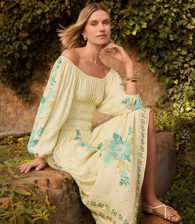 border floral smocked waist midi dress