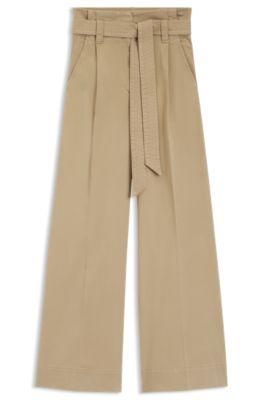 boss belted wide-leg pants in stretch-cotton twill - brown women's casual pants
