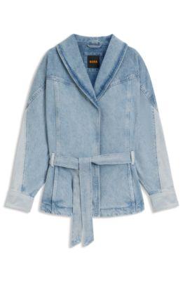 boss blue peplum-hem jacket in rigid denim - blue women's jackets and coats