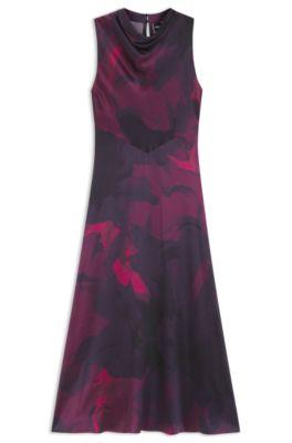 boss draped-neckline dress in printed silk - patterned women's business dresses
