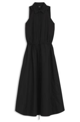 boss drawcord-waist dress in cotton poplin - black women's business dresses