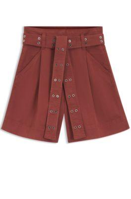 boss eyelet-belt shorts in stretch cotton - dark red women's shorts
