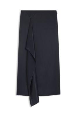 boss faux-wrap midi skirt in satin - dark blue women's business skirts