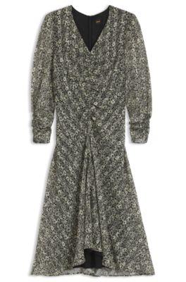 boss gathered-detail midi dress in printed seersucker - patterned women's day dresses