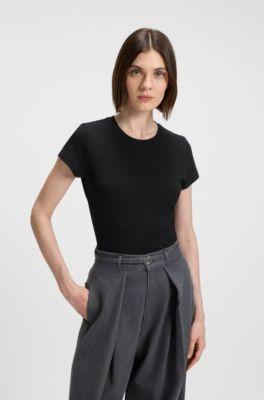 boss lustrous-piping t-shirt in cotton crepe - black women's t-shirts