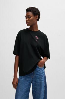 boss oversize t-shirt in cotton jersey with logo artwork - black women's t-shirts