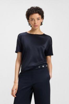 boss regular-fit t-shirt with stretch-silk front - dark blue women's t-shirts