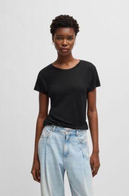 boss scoop-neck linen t-shirt with gathered back - black women's t-shirts