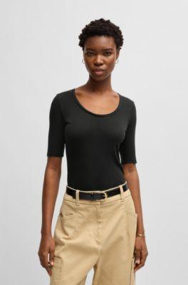 boss scoop-neck t-shirt in ribbed stretch fabric - black women's t-shirts