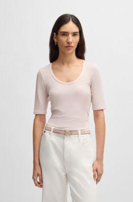 boss scoop-neck t-shirt in ribbed stretch fabric - light pink women's t-shirts