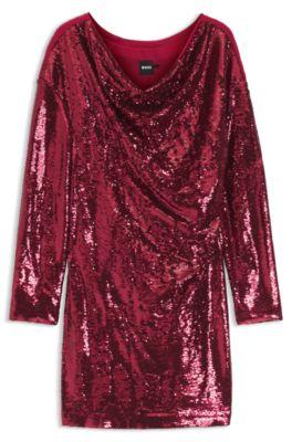 boss sequin dress with draped neckline - dark red women's jersey dresses