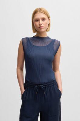boss sleeveless plissé-pleated top - dark blue women's t-shirts