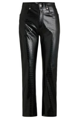boss straight-leg trousers in crocodile-embossed faux leather - black women's formal pants