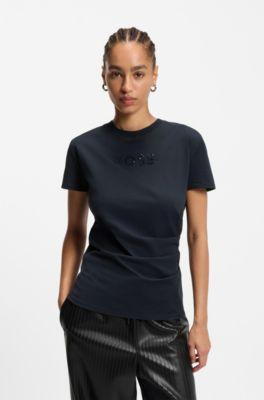 boss tonal-artwork slim-fit t-shirt in mercerised cotton - dark blue women's t-shirts