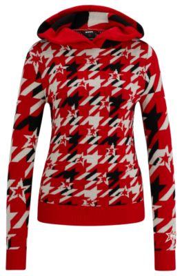 boss x perfect moment houndstooth hoodie in virgin wool- light red women's sweaters